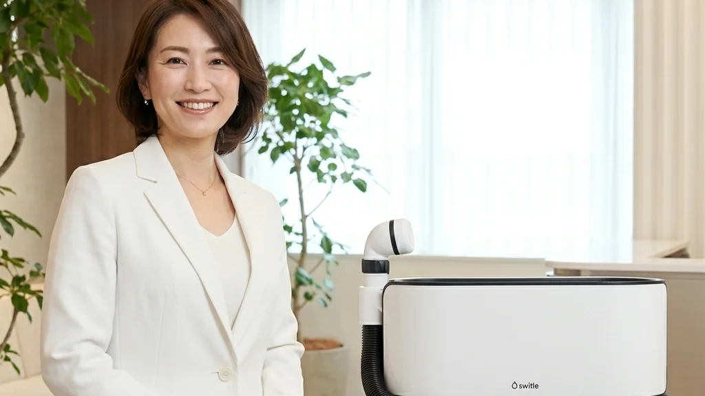 介護用洗身用具スイトルボディ(Switle Body)の製品全体像を笑顔で紹介する白ジャケット姿の女性アドバイザーの横長写真