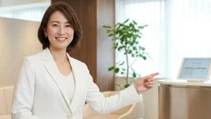 障害のある子の18歳以降の成人移行期における入浴介助の変化や制度対応について案内する女性アドバイザーの横長写真
