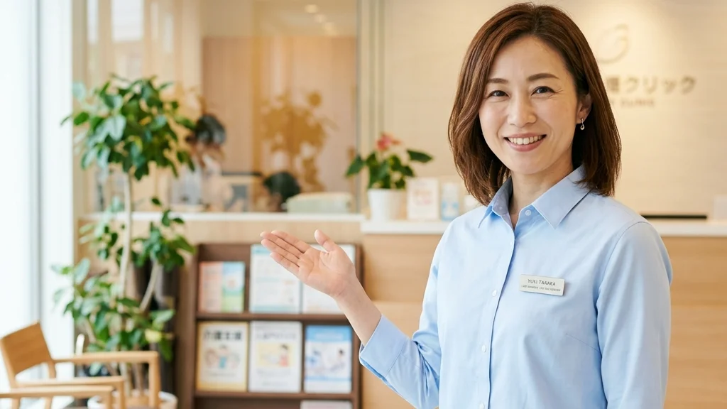 自閉症・発達障害のある子どものお風呂環境と感覚特性についてクリニックロビーで明るく案内するライトブルーシャツ姿 of 女性アドバイザーの横長写真
