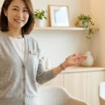 在宅入浴介護を支える相談窓口やリソース連携についてクリニック相談室で優しく案内するグレーカーディガン姿 of 女性アドバイザーの横長写真