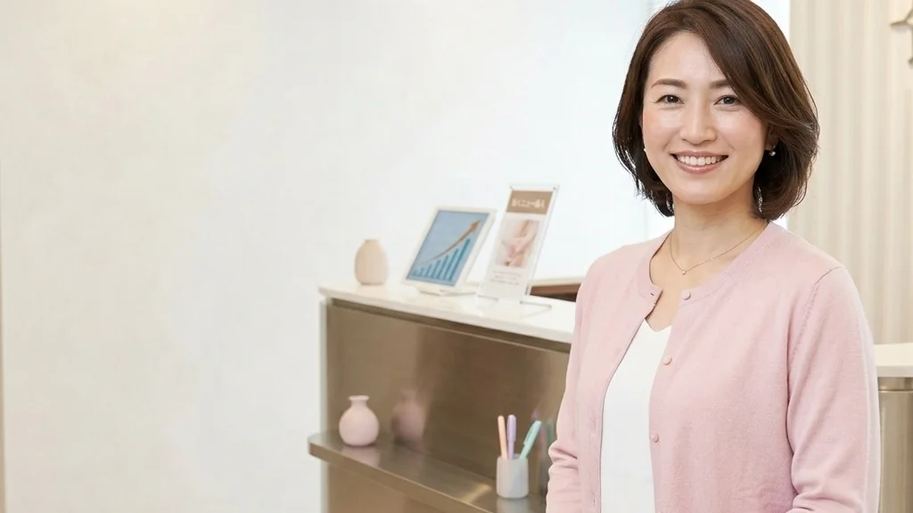障害のある子どもの入浴に使える福祉用具の選び方をクリニックの相談カウンターで優しく案内するピンクカーディガン姿の女性アドバイザーの横長写真