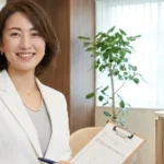 障害児の入浴記録のつけ方について紹介するクリップボードとペンを持った女性アドバイザーの横長写真
