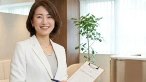 障害児の入浴記録のつけ方について紹介するクリップボードとペンを持った女性アドバイザーの横長写真