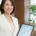 入浴介助の記録を医療チームと共有する方法を紹介するタブレットを持った女性アドバイザーの横長写真