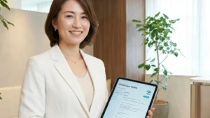 入浴介助の記録を医療チームと共有する方法を紹介するタブレットを持った女性アドバイザーの横長写真