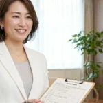 朝入浴vs夜入浴の選び方について紹介するクリップボードとペンを持った女性アドバイザーの横長写真