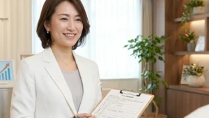 朝入浴vs夜入浴の選び方について紹介するクリップボードとペンを持った女性アドバイザーの横長写真