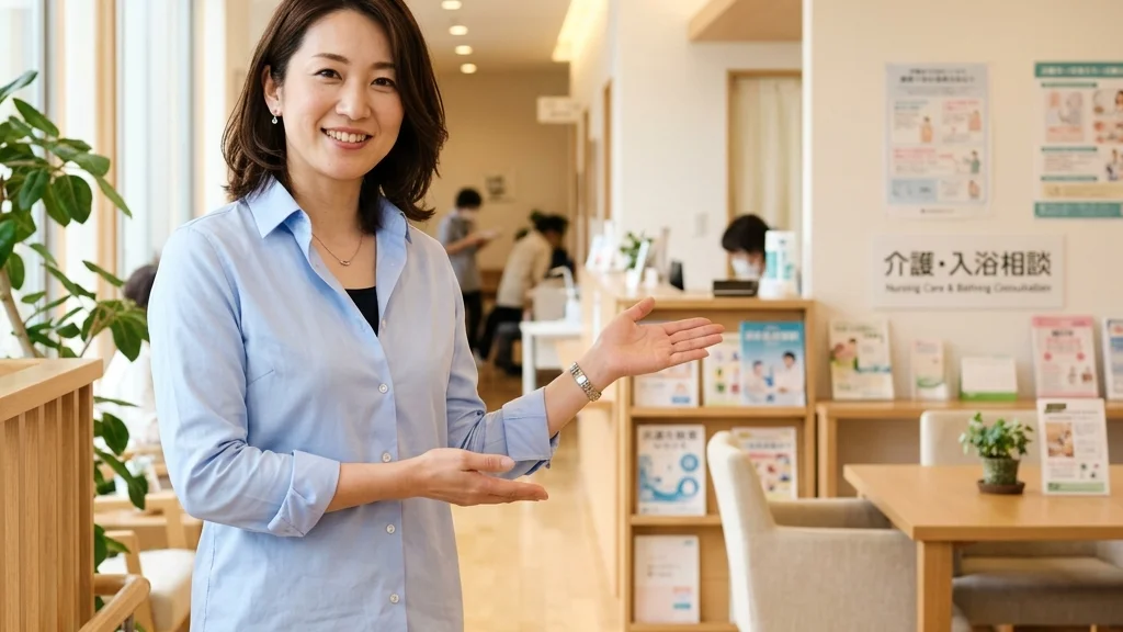 介助者が体調不良のときの入浴ケアの備えについてクリニックロビーで明るく案内するライトブルーシャツ姿 of 女性アドバイザーの横長写真