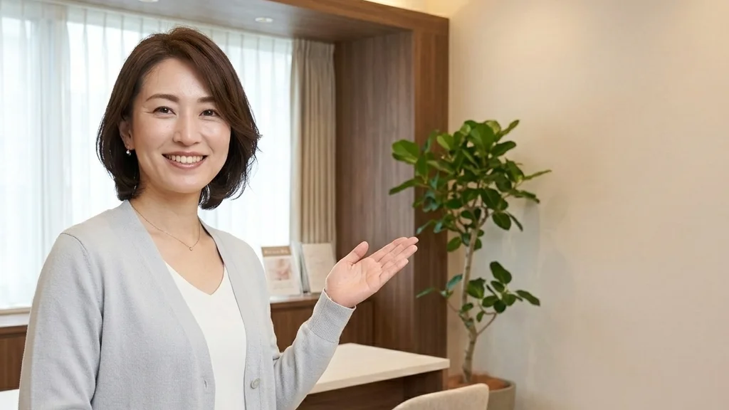 在宅介護のレスパイトケアとご家族の休息支援制度についてクリニック相談室で優しく案内するグレーカーディガン姿の女性アドバイザーの横長写真