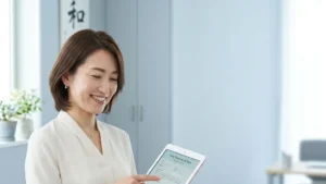 中心静脈カテーテル（CVライン）がある子どもの入浴方法を解説するオフィスカジュアルなブラウス姿の女性アドバイザーの横長写真