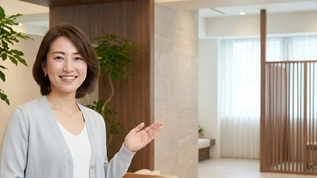 脳性麻痺のある子どもの入浴介助と福祉用具についてクリニックリハビリ室で解説するグレーカーディガン姿の女性アドバイザーの横長写真