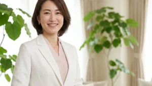 CHARGE症候群のある子どもの入浴介助と注意点について紹介する両手を前で重ねて優しく微笑む女性アドバイザーの横長写真