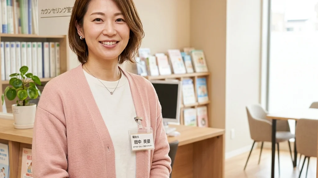 障害のある子どもの成人移行期の入浴介助と介護制度についてクリニック相談室で優しく微笑むピンクカーディガン姿 of 女性アドバイザーの横長写真
