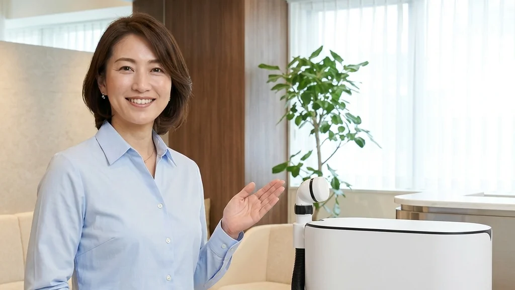 障害児の入浴介助が怖い・大変と感じるご家族向けにクリニックのデモスペースで対策とスイトルボディを案内する女性アドバイザーの横長写真