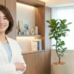 障害のある子どもの皮膚ケアと入浴について皮膚科クリニックのカウンセリングスペースで説明する白ジャケット姿の女性アドバイザーの横長写真