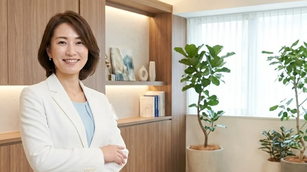 障害のある子どもの皮膚ケアと入浴について皮膚科クリニックのカウンセリングスペースで説明する白ジャケット姿の女性アドバイザーの横長写真