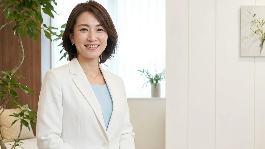 外泊や旅行時の障害児入浴・清潔ケアについてクリニック相談スペースで解説する白ジャケット姿の女性アドバイザーの横長写真