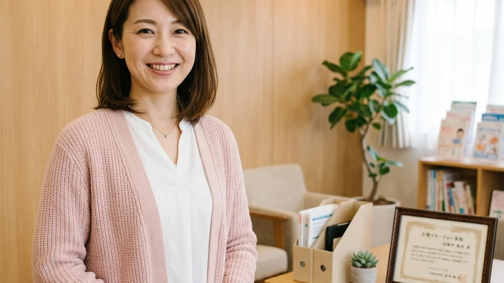 てんかんのある子どもの入浴介助と発作リスク対策についてクリニック相談室で優しく微笑むピンクカーディガン姿 of 女性アドバイザーの横長写真