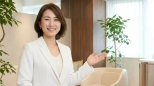 お父さんのための障害児入浴介助ガイドについて紹介する白ジャケットとオフホワイトのインナー姿の女性アドバイザーの横長写真