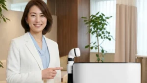 成長に伴う入浴方法の見直しと介護用洗身用具スイトルボディの活用を案内する白ジャケットとライトブルーのインナー姿の女性アドバイザーの横長写真