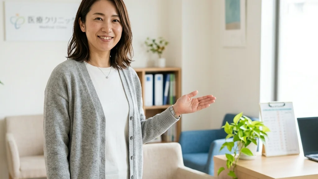 障害のある子どものベッド上での頭・髪の洗い方についてクリニック相談室で優しく案内するグレーカーディガン姿 of 女性アドバイザーの横長写真