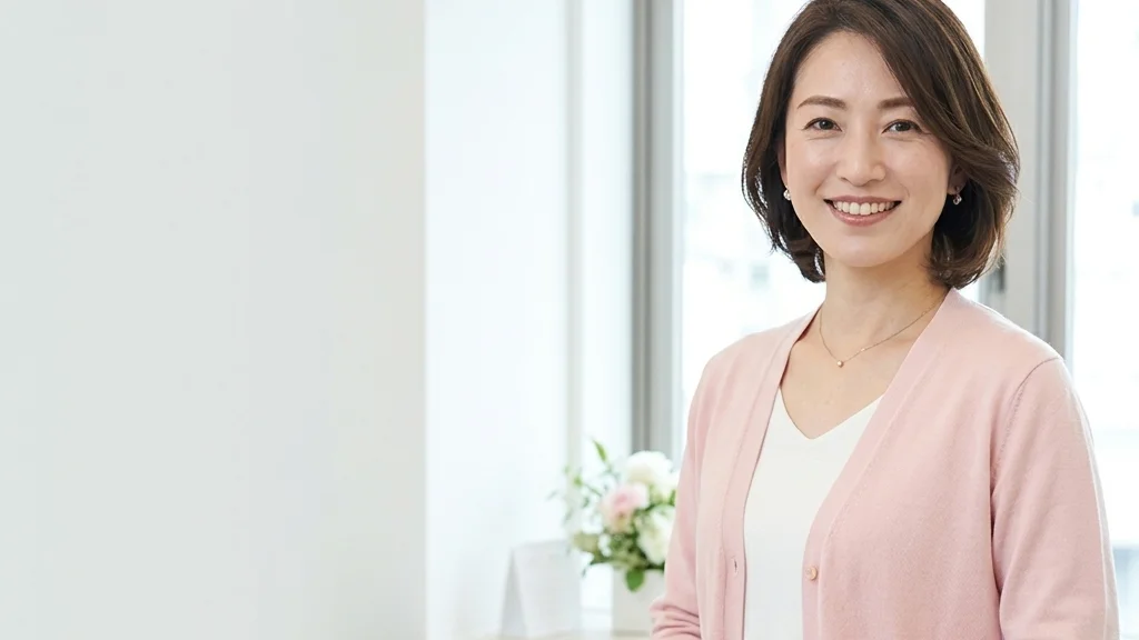 居宅介護ヘルパーによる入浴介助と障害のある子どもへの活用手順をクリニックの相談窓口で優しく案内するピンクカーディガン姿の女性アドバイザーの横長写真