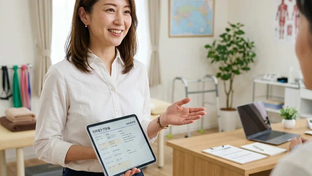 在宅酸素療法(HOT)がある子どものお風呂と注意点についてリハビリ相談室で説明する白ブラウス姿 of 女性アドバイザーの横長写真