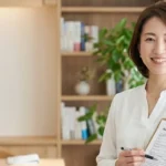 自立支援医療制度と入浴介助について解説する白ブラウスを着てクリップボードを持つ女性アドバイザーの横長写真