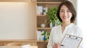 自立支援医療制度と入浴介助について解説する白ブラウスを着てクリップボードを持つ女性アドバイザーの横長写真