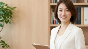 介護保険への移行（20歳前後）と入浴サービスの変化について解説する白ブラウスを着てクリップボードを持つ女性アドバイザーの横長写真