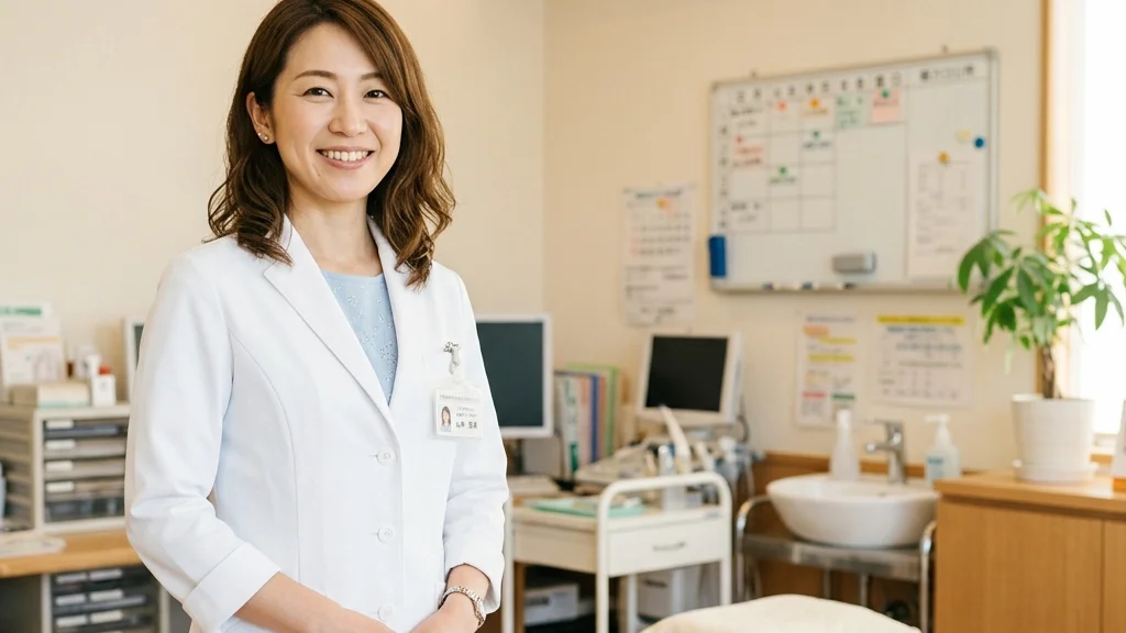 医療的ケア児のお風呂でよくある疑問と対処法についてクリニック診察室で親身に解説する白ジャケット姿 of 女性アドバイザーの横長写真