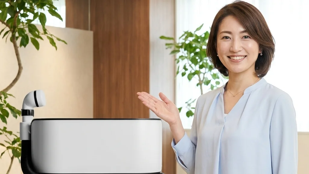 医療的ケア児の入浴介助と介護用洗身用具スイトルボディの活用を案内する水色ブラウス姿の女性アドバイザーの横長写真
