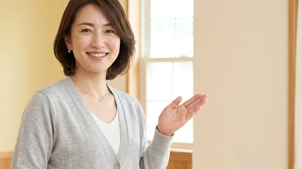 ミトコンドリア病のある子どもの入浴について紹介するライトグレーのカーディガンを着た女性アドバイザーの横長写真
