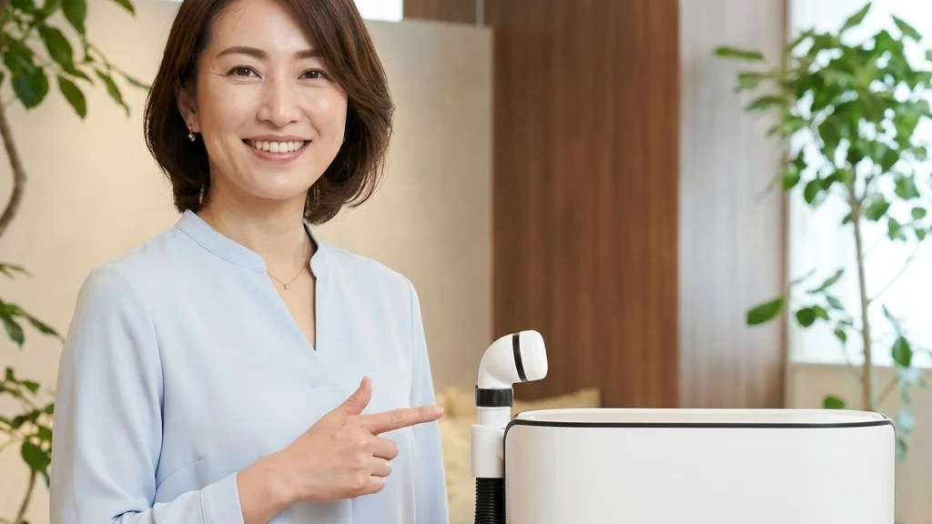 気管切開や胃ろう等の複数の医療的ケアがある子の入浴とスイトルボディの活用方法を解説する女性アドバイザーの横長写真