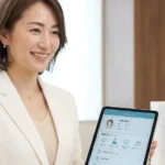 訪問看護師との連携による障害児入浴介助のポイントを解説するタブレットを持った女性アドバイザーの横長写真