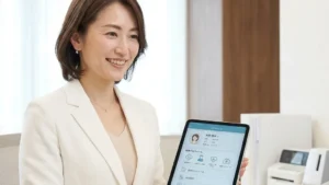 訪問看護師との連携による障害児入浴介助のポイントを解説するタブレットを持った女性アドバイザーの横長写真