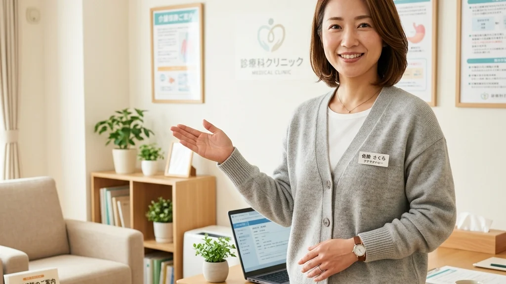 肢体不自由児の安全な入浴介助手順と福祉用具についてクリニック相談室で優しく案内するグレーカーディガン姿 of 女性アドバイザーの横長写真