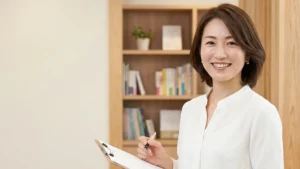術後や入院後の清潔ケアと在宅入浴の再開について解説する白ブラウスを着てクリップボードを持つ女性アドバイザーの横長写真