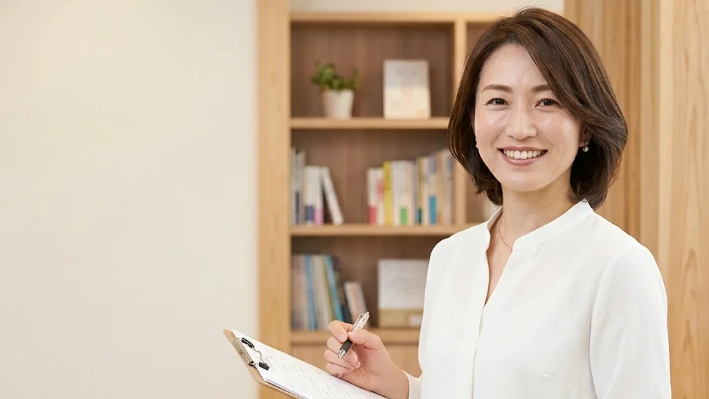 術後や入院後の清潔ケアと在宅入浴の再開について解説する白ブラウスを着てクリップボードを持つ女性アドバイザーの横長写真