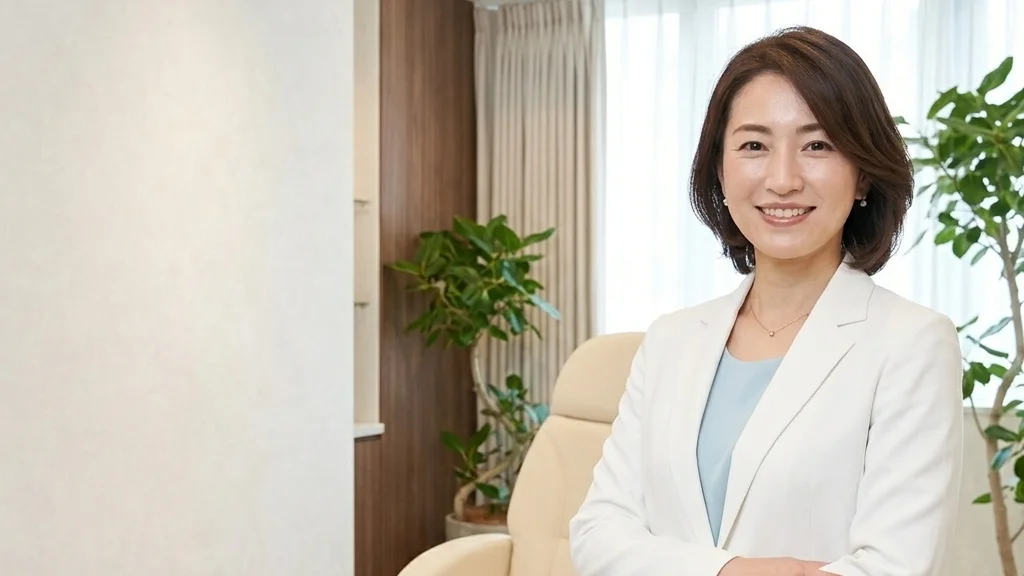 床ずれ（褥瘡）予防と皮膚保護を考慮した障害児の入浴ケアを皮膚科クリニック診察室で説明する白ジャケット姿の女性アドバイザーの横長写真