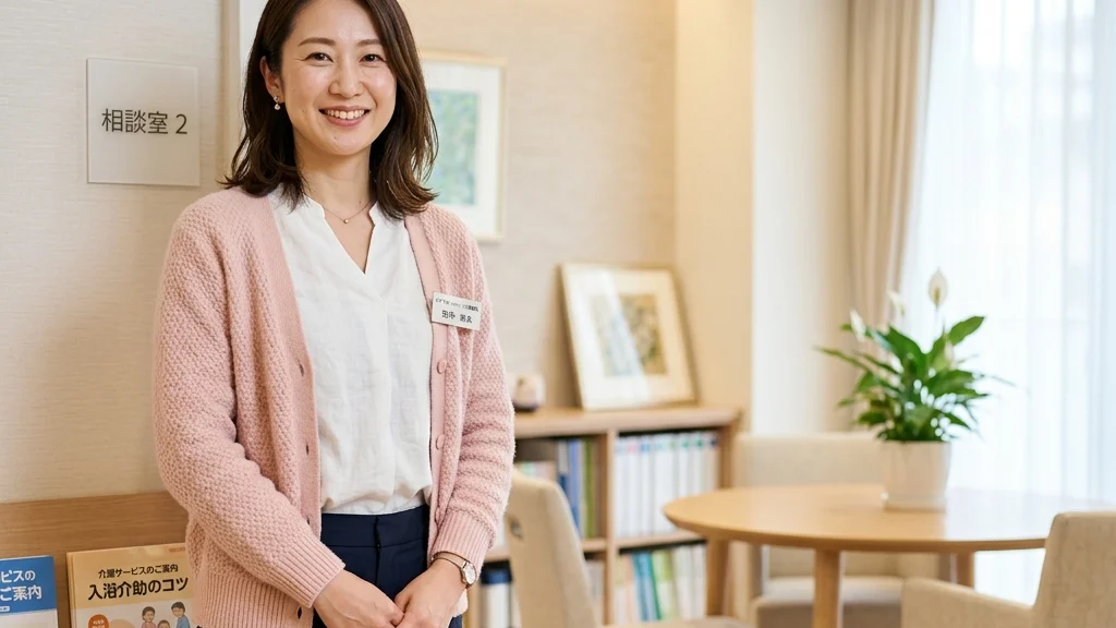きょうだい児への配慮と入浴介助がもたらす影響についてクリニック相談室で優しく微笑むピンクカーディガン姿 of 女性アドバイザーの横長写真