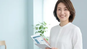 脊髄性筋萎縮症（SMA）タイプ別の安全な入浴方法を解説する白ブラウスを着てタブレットを持つ女性アドバイザーの横長写真