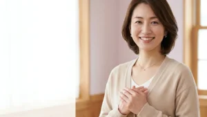 スミス・マゲニス症候群の入浴ガイドについて紹介するベージュのカーディガンを着て微笑む女性アドバイザーの横長写真