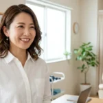 二分脊椎のある子どもの入浴・排泄ケアについてリハビリ相談室でタブレットを用いて説明する白ブラウス姿 of 女性アドバイザーの横長写真