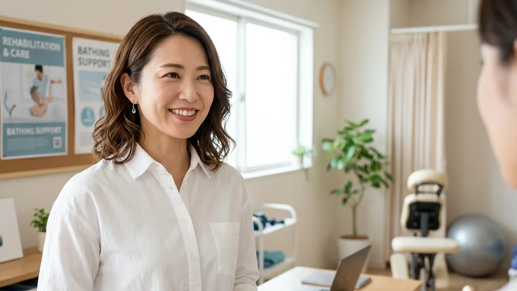 二分脊椎のある子どもの入浴・排泄ケアについてリハビリ相談室でタブレットを用いて説明する白ブラウス姿 of 女性アドバイザーの横長写真