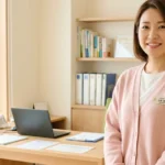 脊髄性筋萎縮症（SMA）のある子どもの入浴と呼吸管理・体位配慮についてクリニック相談室で優しく微笑むピンクカーディガン姿 of 女性アドバイザーの横長写真