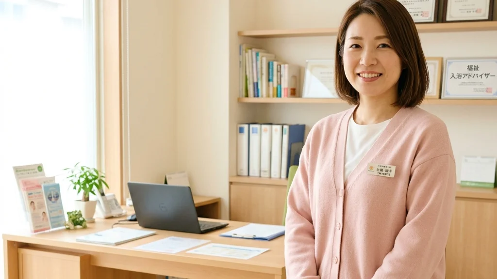 脊髄性筋萎縮症(SMA)のある子どもの入浴と呼吸管理・体位配慮についてクリニック相談室で優しく微笑むピンクカーディガン姿 of 女性アドバイザーの横長写真