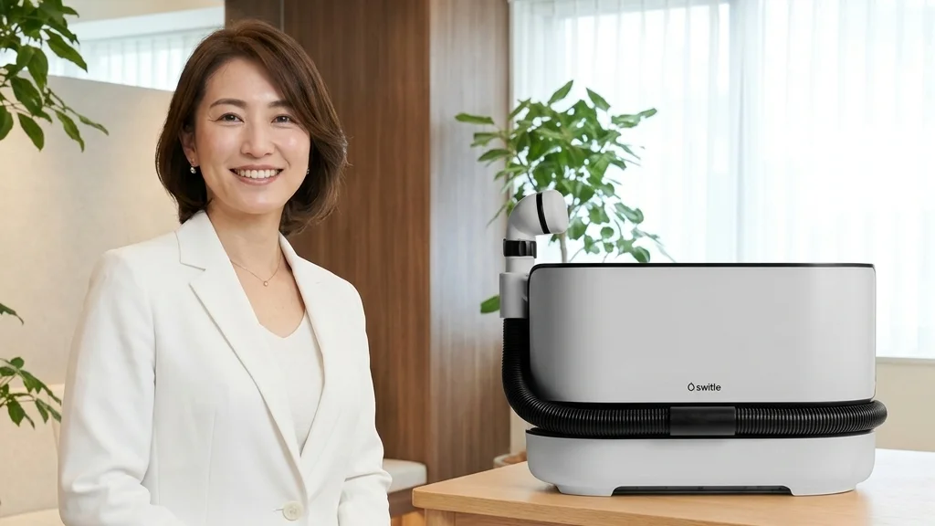 介護用洗身用具スイトルボディ(Switle Body)の製品写真を笑顔で紹介する白ジャケット姿の女性アドバイザーの横長写真