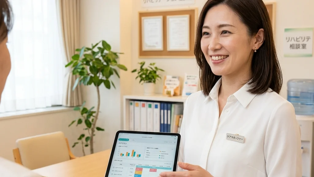 訪問入浴サービスの利用手順と費用についてリハビリ相談室で説明する白ブラウス姿 of 女性アドバイザーの横長写真