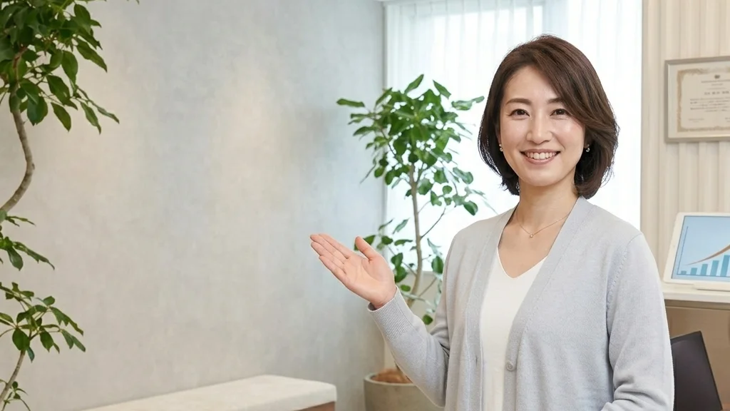 訪問看護と在宅入浴サポートの連携手順についてクリニック相談室で説明するグレーカーディガン姿の女性アドバイザーの横長写真
